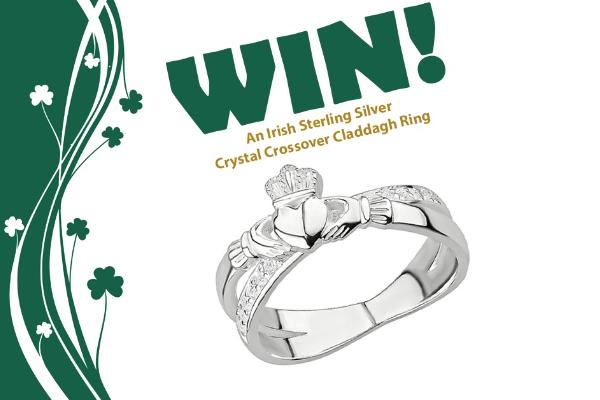 Win Irish Rings Sterling Silver Ladies Crystal Crossover Claddagh Ring July 2024 Contest
