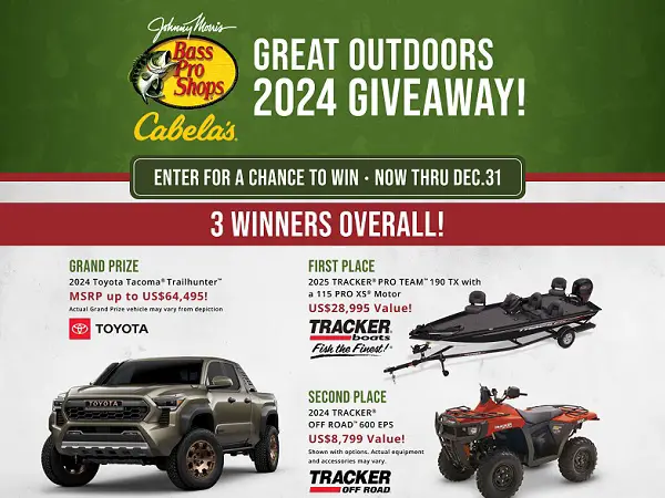 Bass Pro Shop Great Outdoors Sweepstakes 2024: Win 2024 Toyota Tacoma Trailhunter, TRD Off-Road Vehicle and More!