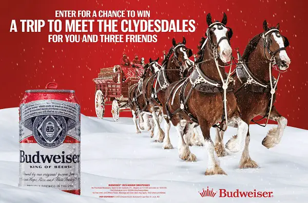 Budweiser 2024 Holiday Sweepstakes: Win a Trip to Meet Clydesdales at St. Louis