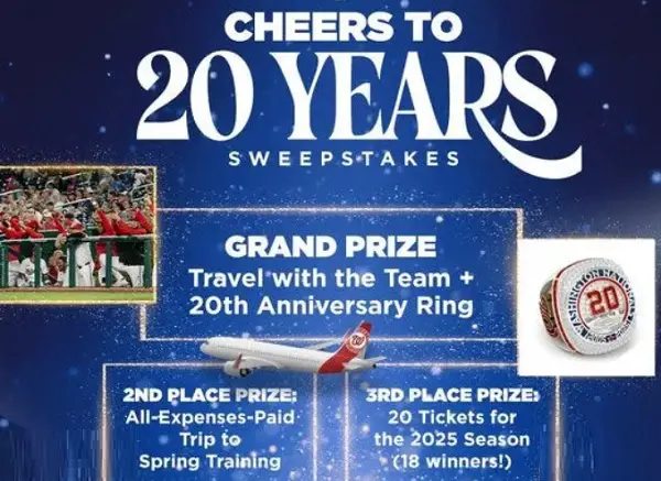 Cheers to 20 Years Sweepstakes: Win a Trip and Tickets to Washington Nationals' Games! (20 Winners)