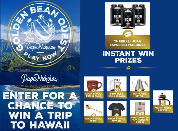 Papanicholas Golden Bean Instant Win a Trip to Hawaii, Free Coffee for a Year & More